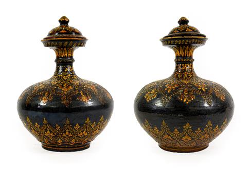 Lot 91 - A Pair of Bombay School of Art Glazed Terracotta Bottle Vases and Covers, late 19th/early 20th...