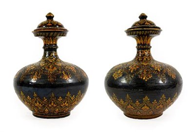 Lot 91A - A Pair of Bombay School of Art Glazed Terracotta Bottle Vases and Covers, late 19th/early 20th...