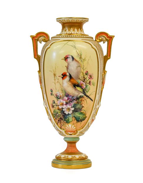 Lot 95 - A Royal Worcester Porcelain Vase, by Charles Baldwin, 1901, of baluster form with strap...