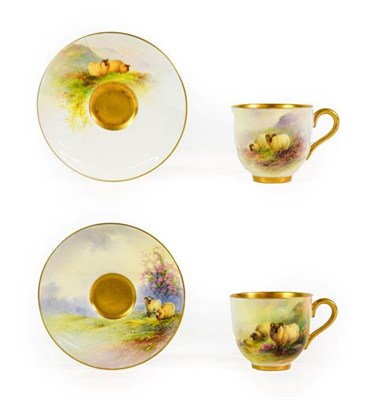 Lot 100 - A Royal Worcester Porcelain Miniature Cup and Saucer, by Ernest Barker, 1913, painted with sheep in