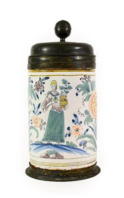 Lot 106 - A German Pewter Mounted Faience Tankard, dated 1760, of cylindrical form, painted in pale...