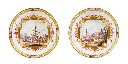 Lot 107 - A Pair of Meissen Porcelain Saucers, circa 1730, painted with Kauffahrtei within scrolled cartouche