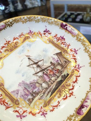 Lot 107 - A Pair of Meissen Porcelain Saucers, circa 1730, painted with Kauffahrtei within scrolled cartouche
