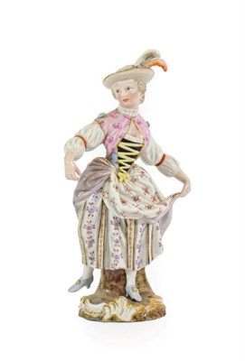 Lot 108 - A Meissen Porcelain Figure of a Lady, circa 1900, in 18th century costume dancing, on a scroll...
