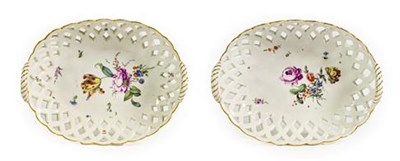 Lot 111 - A Pair of Höchst Porcelain Baskets, circa 1770, of oval form with ropetwist handles, painted...