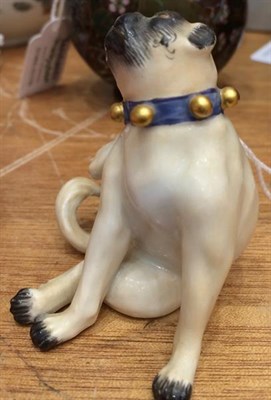 Lot 114 - A Pair of Meissen Porcelain Small Figures of Pugs, 20th century, one seated scratching its ear, the