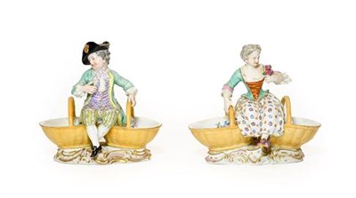 Lot 116 - A Pair of Meissen Porcelain Figural Sweetmeat Dishes, late 19th century, modelled as a boy and girl