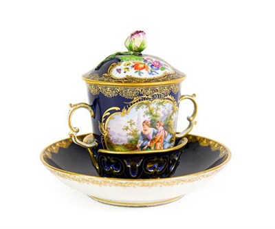 Lot 118 - A Meissen Porcelain Twin-Handled Chocolate Cup, Cover and Trembleuse Saucer, circa 1900,...