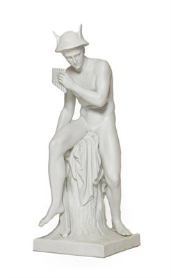 Lot 121 - A German Bisque Porcelain Figure of Mercury, 19th century, sitting on a draped tree trunk...