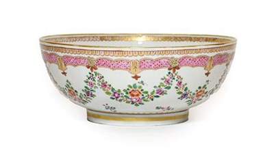 Lot 125 - A Samson of Paris Porcelain Punch Bowl, 19th century, painted in Chinese Export style with...