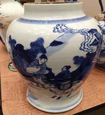 Lot 137 - A Chinese Porcelain Jar, Kangxi, of baluster form, painted in underglaze blue with dignitaries...