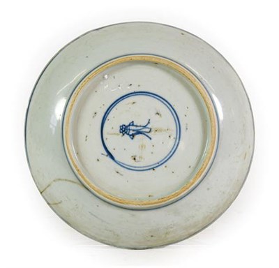 Lot 142 - A Chinese Porcelain Saucer, 18th century, painted in underglaze blue with Shou character within...