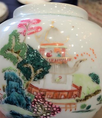 Lot 146 - A Chinese Porcelain Teapot and Cover, Qianlong, painted in famille rose enamels with pagodas in...