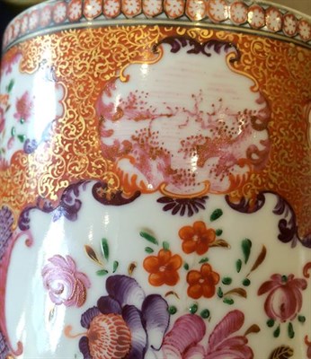 Lot 147 - A Chinese Porcelain Mug, Qianlong, of cylindrical form, painted in famille rose enamels with...