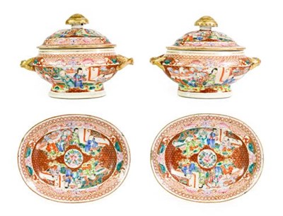 Lot 154 - A Pair of Chinese Porcelain Sauce Tureens, Covers and Stands, Qianlong, of ovoid form with entwined