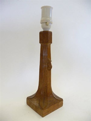 Lot 1817 - A Robert "Mouseman" Thompson Oak Table Lamp, of octagonal column form, square base, with carved...