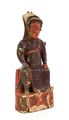 Lot 172 - A Chinese Carved and Painted Wood Figure of a Dignitary, probably Ming Dynasty, seated wearing...