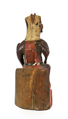 Lot 172 - A Chinese Carved and Painted Wood Figure of a Dignitary, probably Ming Dynasty, seated wearing...
