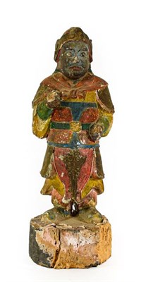 Lot 173 - A Chinese Carved and Polychrome Wooden Figure of a Temple Guardian, Ming Dynasty, as a standing...