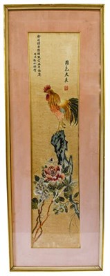 Lot 175 - A Chinese Silk Panel, Qing Dynasty, worked in coloured threads with a cockerel perched on...
