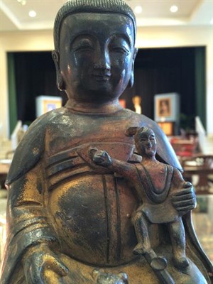 Lot 183 - A Chinese Gilt, Polychrome and Patinated Bronze Figure of Buddha, probably 17th/18th century,...