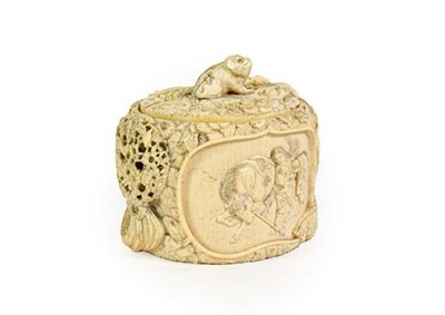 Lot 206 - A Japanese Ivory Box and Cover, Meiji period, of oval section, carved with a panel of a horse...