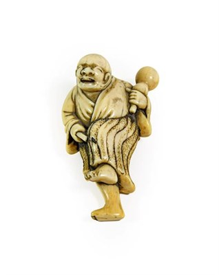Lot 208 - A Japanese Ivory Netsuke, Edo period, carved as a bald man standing on one leg holding a gourd,...