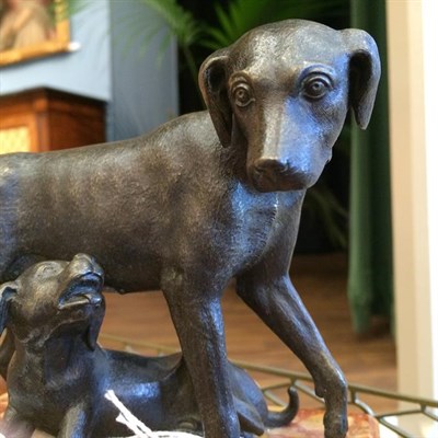Lot 223 - After the Antique: A Bronze Group of a Standing Hound, a recumbent hound underneath, on a...