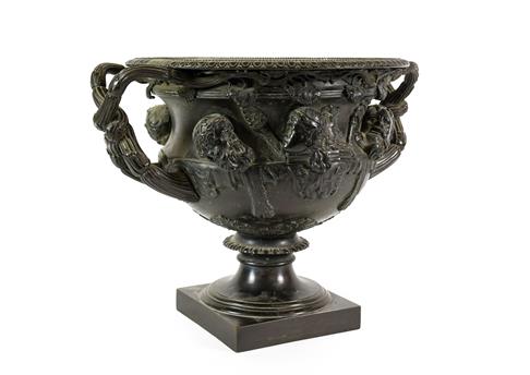 Lot 226 - After the Antique: A Bronze Warwick Vase, of typical form, on a square plinth, 34cm wide...