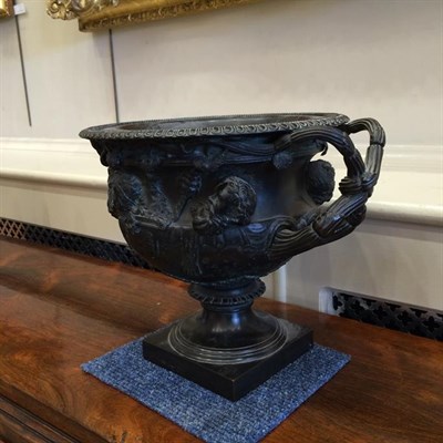 Lot 226 - After the Antique: A Bronze Warwick Vase, of typical form, on a square plinth, 34cm wide...