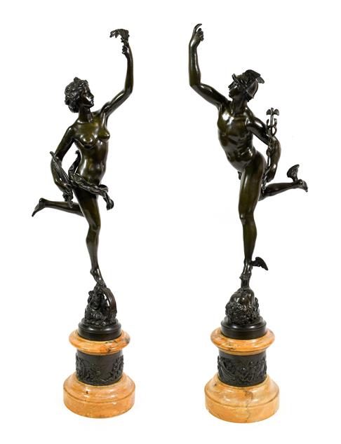 Lot 228 - After Giambologna (1529-1608): A Pair of Bronze Figures of Mercury and Fortuna, on Sienna...