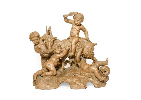 Lot 231 - Manner of Clodion: A Terracotta Bacchic Group, as four putti about a goat, on a rocky moulded base