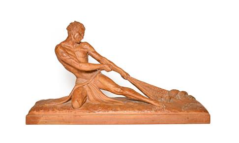 Lot 233 - After Ugo Cipriani (1887-1960): A Terracotta Figure of a Fisherman, kneeling, hauling in a net,...