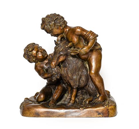 Lot 236 - French School (late 19th/early 20th century): A Bronze Bacchic Group, as two cherubs feeding a...