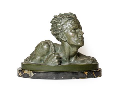 Lot 237 - French School (early 20th century): A Bronzed Terracotta Bust of a Youth, with a rope over his...