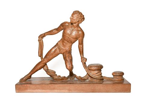 Lot 241 - De Ronnens: A Terracotta Figure of a Youth, hauling rope onto capstans, on a rectangular...