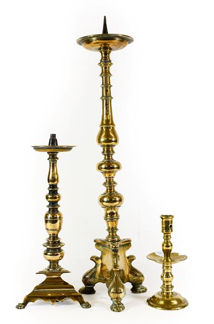 Lot 245 - A Brass Altar Pricket Candlestick, in 17th century style, with circular drip pan on multiple...