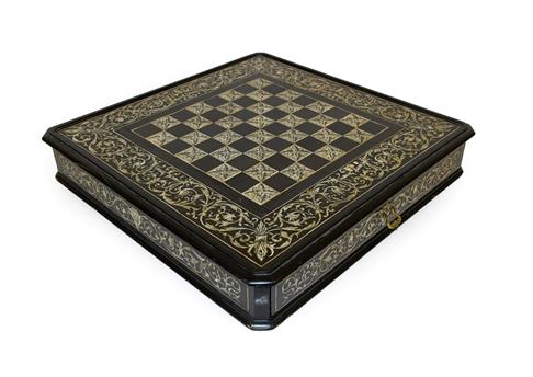 Lot 254 - An Italian Ebony and Ivory Inlaid Chess Board, by Ferdinando Pogliani, circa 1880, of canted...
