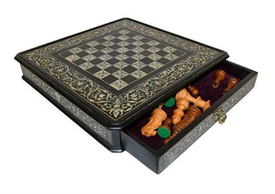 Lot 254 - An Italian Ebony and Ivory Inlaid Chess Board, by Ferdinando Pogliani, circa 1880, of canted...