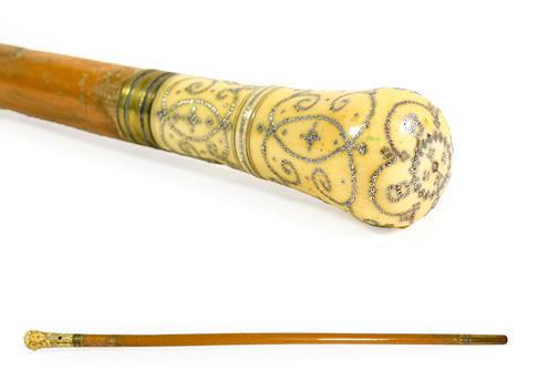 Lot 261 - An Ivory and Pique Mounted Malacca Walking Cane, dated (16)88, and initialled R.C. with brass...