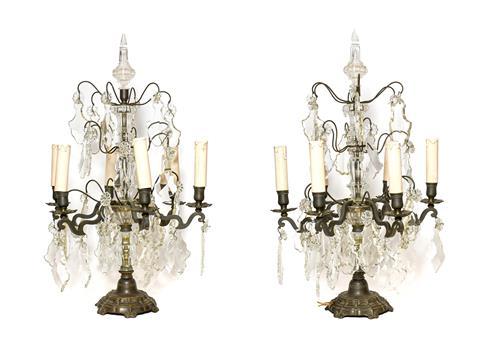 Lot 265 - A Pair of French Brass-Mounted Metal Six-Light Candelabra, in Louis XV style, with minaret...