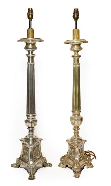 Lot 266 - A Matched Pair of Italian Silver Plate Altar Candlesticks, in 16th century style, with circular...