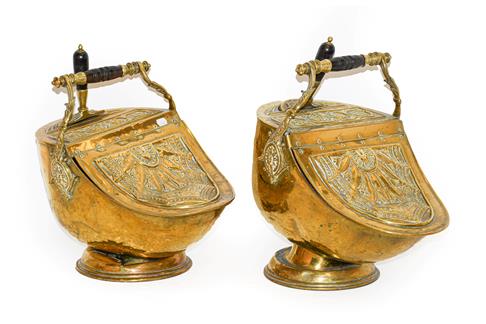 Lot 275 - A Pair of Victorian Brass Coal Purdoniums and Shovels, of helmet form, stamped with classical...