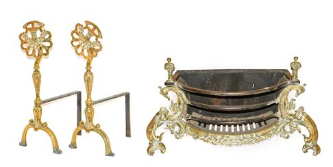 Lot 276 - A Pair of Andirons, in 18th century style, with basket and foliate finials, baluster stems and...