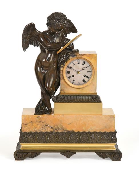 Lot 280 - A French Sienna Marble and Bronze Striking Mantel Clock, circa 1860, bronze winged cherub...