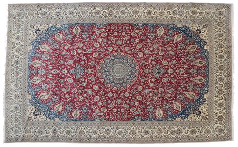 Lot 315 - Fine Nain Carpet of unusual size Central Iran, circa 1960 The blood red field centred by a sky blue