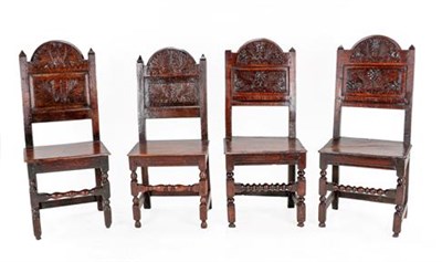 Lot 331 - Two Pairs of Joined Oak Lancashire Back Stools, circa 1700, one pair with carved top rails and...