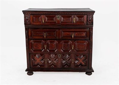 Lot 332 - A Late 17th Century Oak Geometric Moulded Chest, with four two-as-one moulded drawers between...
