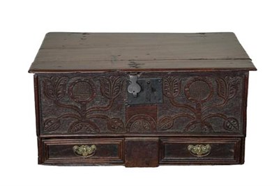 Lot 341 - A Charles II Carved Oak Table Box, late 17th century, the hinged lid of nailed construction above a