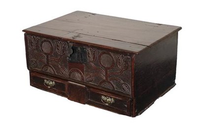 Lot 341 - A Charles II Carved Oak Table Box, late 17th century, the hinged lid of nailed construction above a
